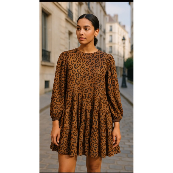 H&M Dresses & Skirts - H&M Brown Leopard Print Flowy Mini Dress Long Sleeve Boho‎ Animal Print Size S
